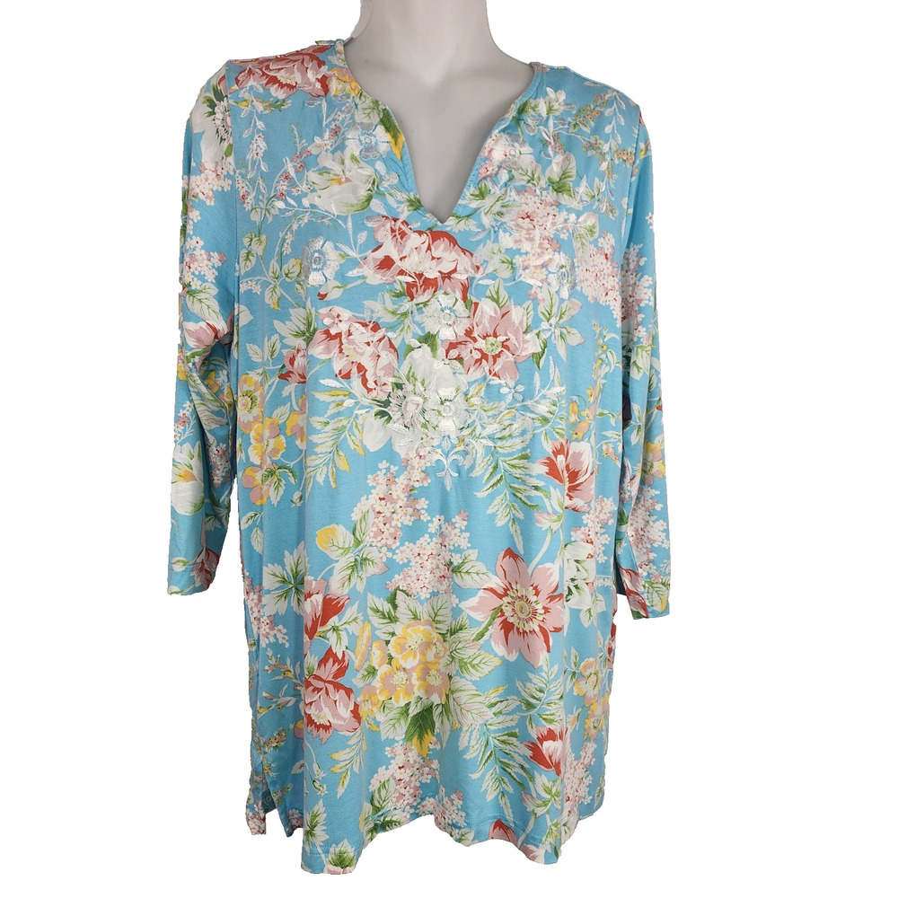 Belle by Kim Gravel Women's Pullover Floral Embroidered Knit Top Aqua Small